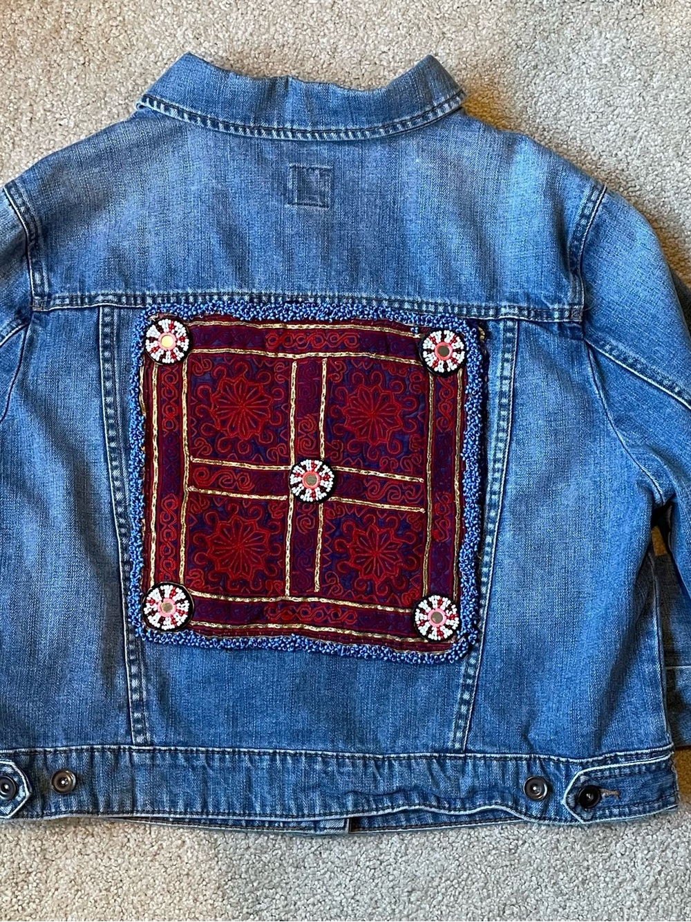 jcpenney Upcycled Blue Denim Jacket with Red Beaded and Embroidered Back Panel